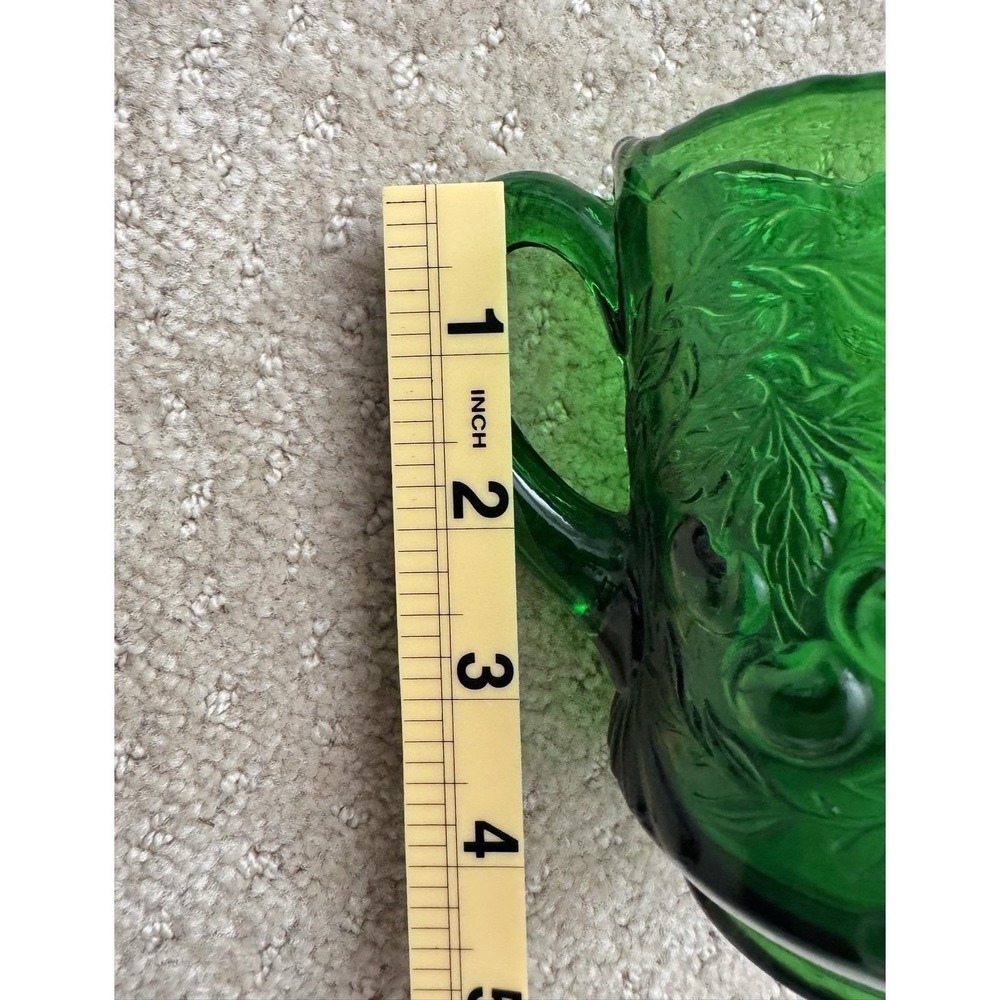 L.G. WRIGHT Opalescent Vaseline Uranium Glass Wreathed Cherry Creamer Pitcher - Picture 12 of 12